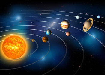 Solar System modeled in Cinema 4D. Composition includes the sun and each of the eight planets and a representation of their orbit. Stars, nebulas and a distant galaxy seen in the background.